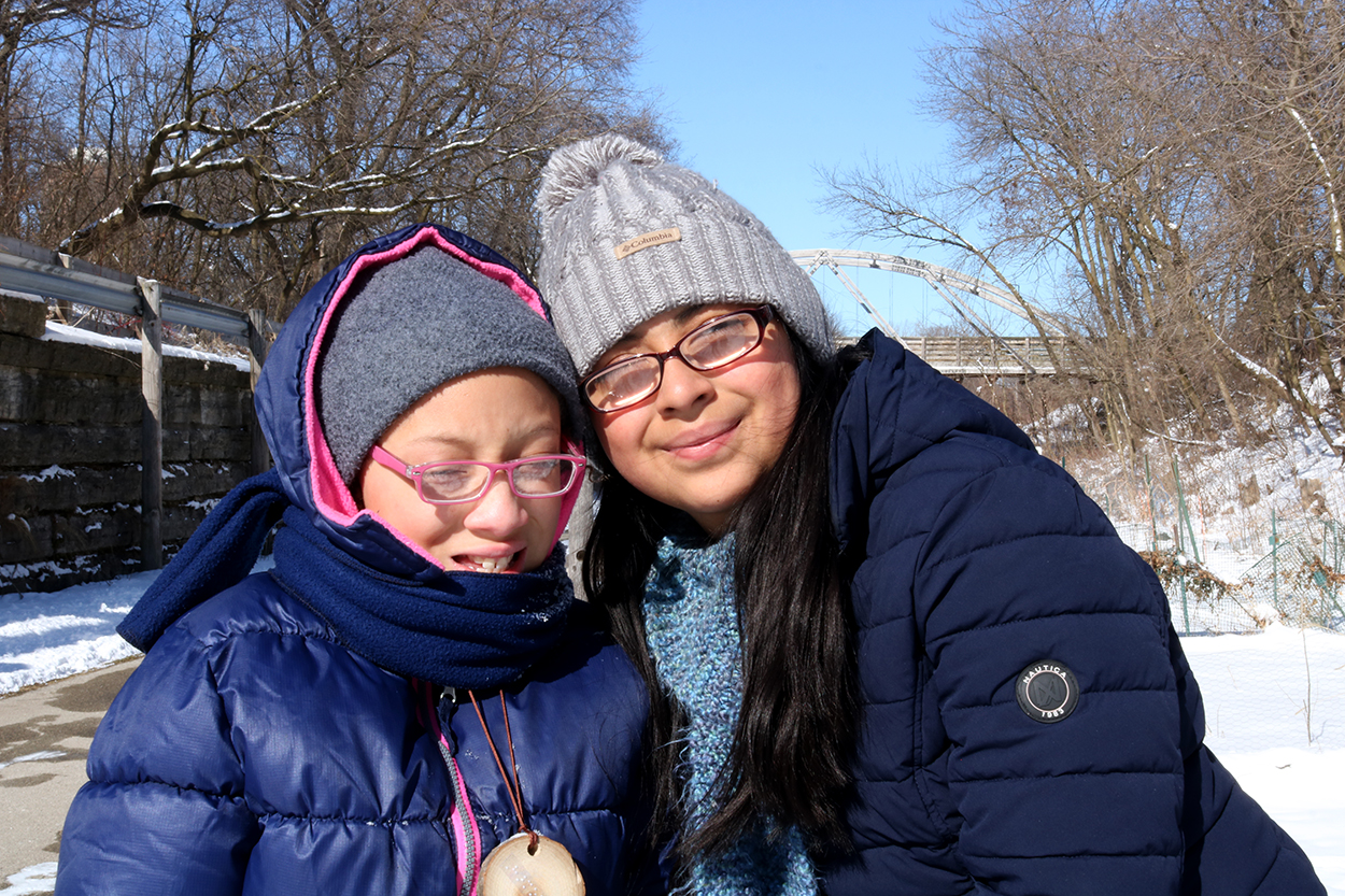 Harmony and Mayra snowshoeing