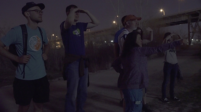 Community scientists monitoring bats at the Urban Ecology Center-Menomonee Valley during a spring migration acoustic bat monitoring survey in April 2018. Photos by Chicago-area documentary filmmaker Marianna Milhorat.