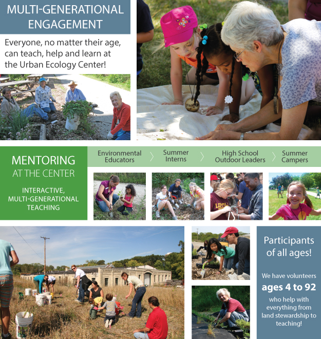 Photos of grandparents through grandchildren working and learning at the Urban Ecology Center.